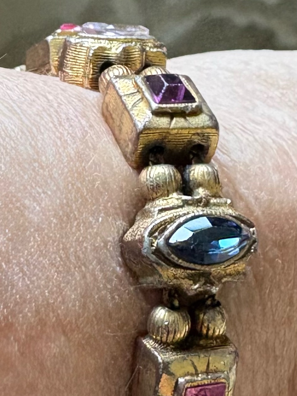 Vintage Gold-Tone 7" Bracelet with Pink and Teal / Dark Blue Stones.